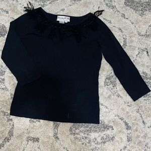 Black Stretch crew scoop neck Blouse with Faux Suede Fringe design